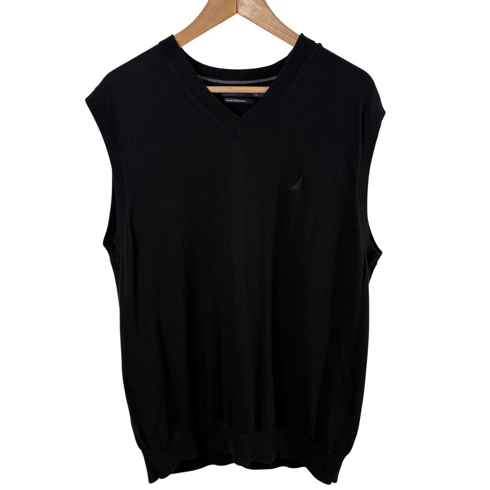 Nautica Black V-Neck Sweater Vest XL Preppy Grandpa Academia Ivy League Hipster